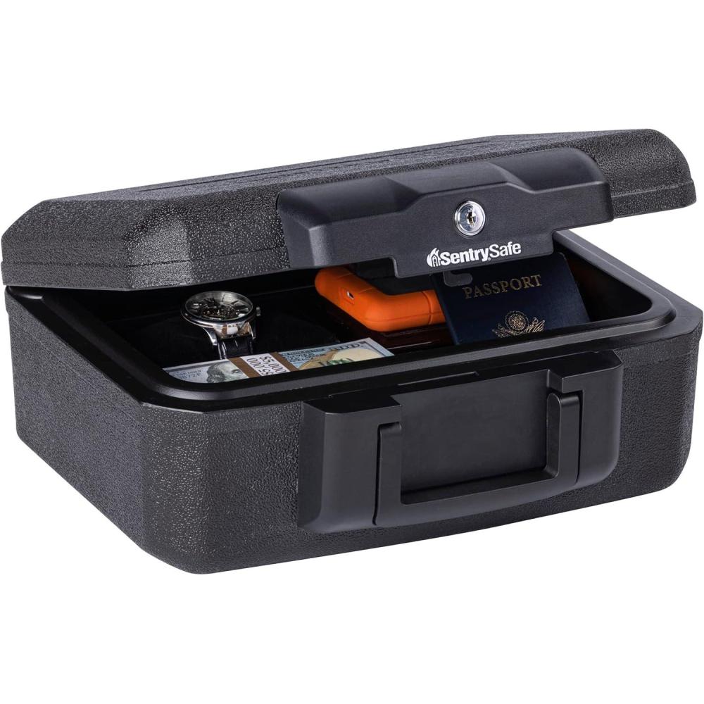 imageSentrySafe Fireproof Money Safe with Key Lock Black Lock Box with Portable Carrying Handle for Travel Exterior 143 in W x 112 in D x 61 in H 1200Fire resistant box