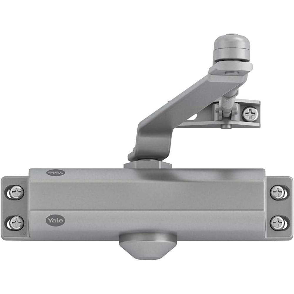 imageYale High Door Closer Silver Metal Stainless Steel Black Finish ScrewIn Installation Commercial Buildings FireRated Doors