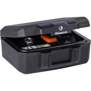 SentrySafe Fireproof Money Safe with Key Lock, Black Lock Box with Portable Carrying Handle for Travel, Exterior: 14.3 in. W x 11.2 in. D x 6.1 in H, 1200(Fire resistant box)